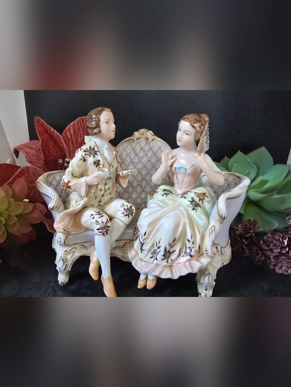 Antique Dresden Porcelain Figurine Victorian Couple Tea Time Hand Painted